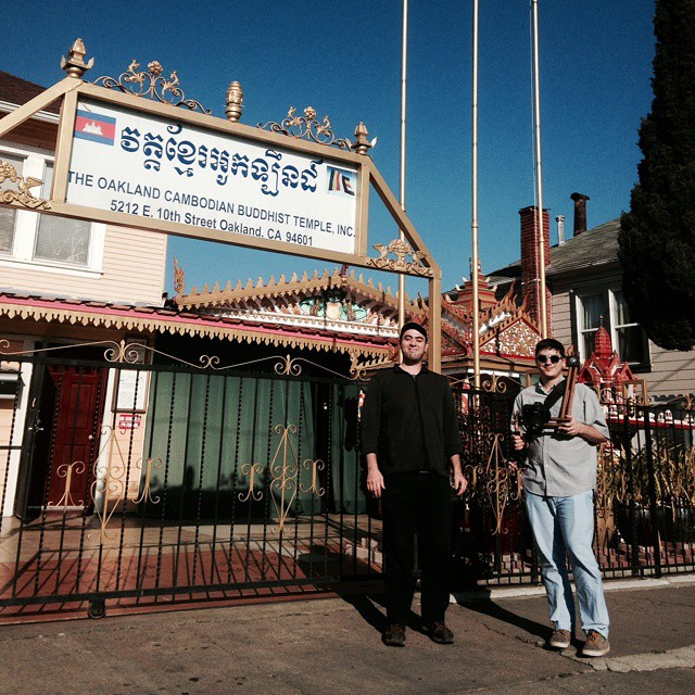 Nick George and Jacob Hurwitz-Goodman outside the Oakland Cambodian Buddhist Temple, filming Episode 20